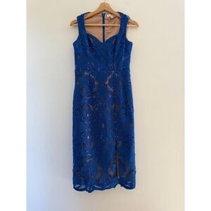 DRESS THE POPULATION Jayleen Electric Blue Lace Midi Cocktail Dress size S EUC